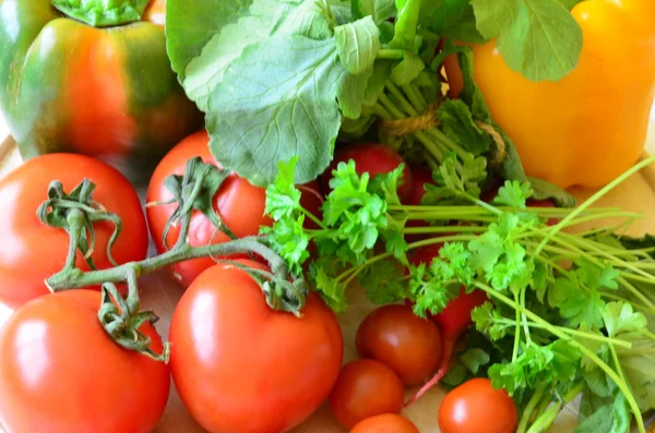 Tomates, rábanos, pimientos, perejil y canasta de mimbre — Foto de Stock