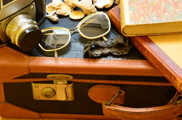 Vintage çanta, kamera, güneş gözlüğü, deniz kabuklarını, bilezik ve bir yığın kitap. Seyahat vintage.