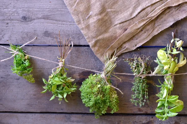 The bunches of herbs on wooden background