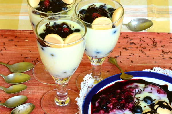 Hot homemade vanilla pudding with strawberries and vine berries — Stock Photo, Image