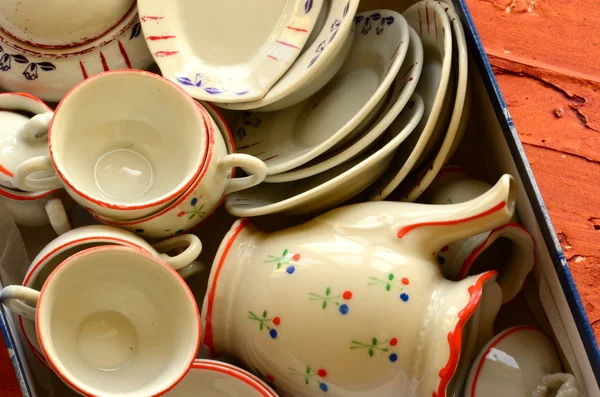 Retro doll's tea set made of white porcelain. Set of vintage toys. — Stock Photo, Image