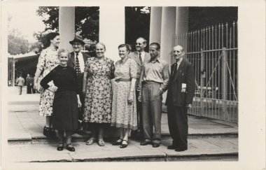 Group of people in spa resort (Marianske Lazne, the Czech Republic). Photo was taken in August 1955.
