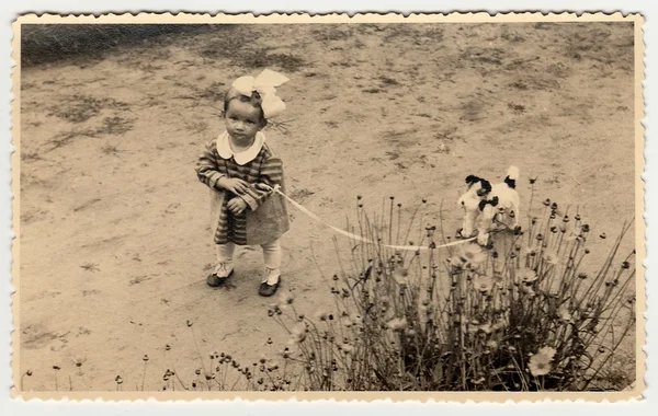 Una niña pequeña con perro de juguete. Foto de la vendimia fue tomada en Hodonin (la República Checa). A principios de los cuarenta —  Fotos de Stock