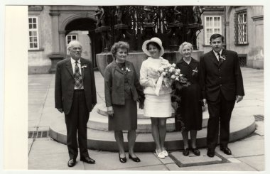 A vintage photo shows wedding photo, circa 1970.