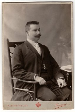 Bıyıklı adam bir sandalyeye oturur Vintage Fotoğraf gösterir