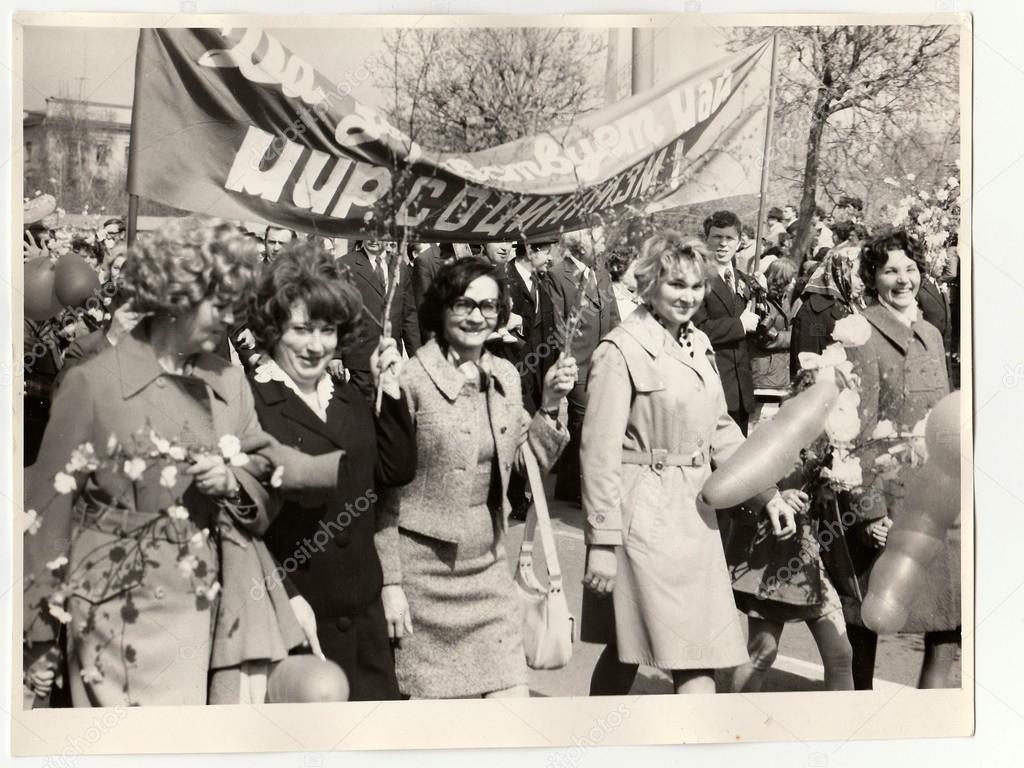 Vintage photo shows people celebrate May Day (International Workers' Day).
