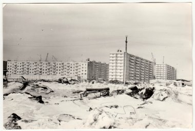Vintage Fotoğraf inşaat daire bloklarının SSCB'ye gösterir. Kış saati.