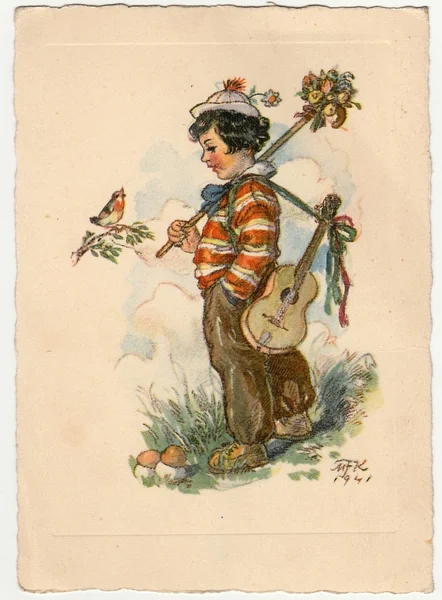 Marie Fischerova-Kvechova - színes rajz, húsvéti üdvözlőlapot. Vintage képeslap. — Stock Fotó