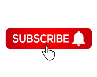 Abone olun, çan düğmesi ve el imleci. Kırmızı düğme kanala abone ol, blog. Sosyal medya geçmişi. Pazarlama. Vektör illüstrasyonu.