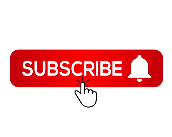 Abone olun, çan düğmesi ve el imleci. Kırmızı düğme kanala abone ol, blog. Sosyal medya geçmişi. Pazarlama. Vektör illüstrasyonu.
