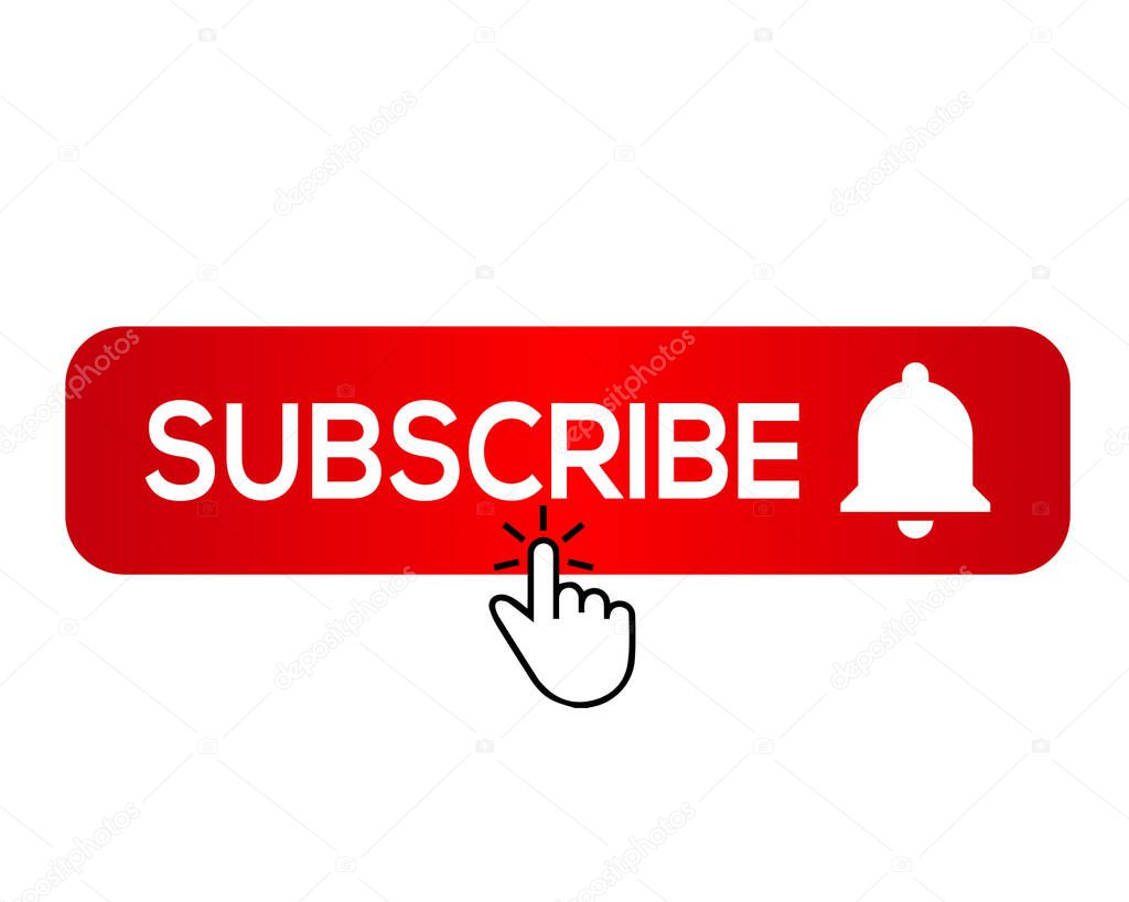 Subscribe, bell button and hand cursor. Red button subscribe to channel, blog. Social media background. Marketing. Vector illustration.