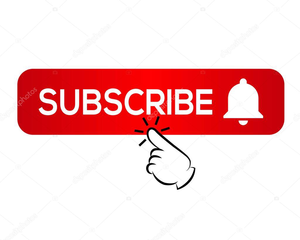 Subscribe, bell button and hand cursor. Red button subscribe to channel, blog. Social media background. Marketing. Vector 
