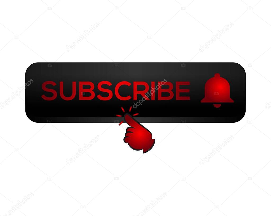Subscribe, bell button and hand cursor. Black button subscribe to channel, blog. Social media background. Marketing. Vector 