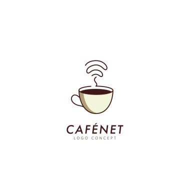 Ücretsiz kablosuz logo tasarım şablonu düz stil vektörü olan kahve fincanı kafe