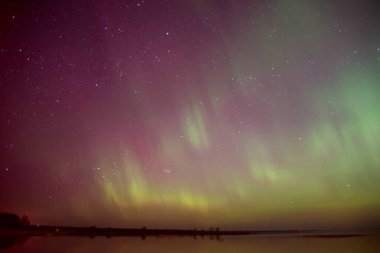 Baltık Denizi üzerinde yoğun kuzey ışıkları (Aurora borealis). Kayalık plaj