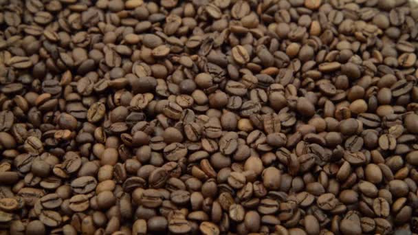 Kahve Çekirdekleri Dökülüyor Kahve Tepelerine Düşen Kavrulmuş Kahve Çekirdekleri Yakın — Stok video