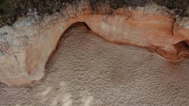 Deniz dalgalarının havadan görünüşü turkuaz deniz suyuyla sahildeki kayalara çarpıyor. Letonya kıyı şeridindeki inanılmaz kayalık deniz manzarası. İHA atışı.