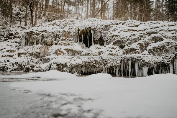 Wild River Forest Winter Rocks Stream Water Sandy Cliffs Ice — Stock Photo, Image