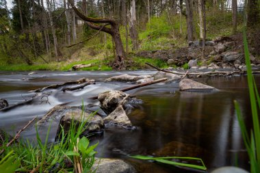 Kayalar ve arka plan keskin odak iken, su üzerinde ipek etkisi olan bir nehrin uzun sergilenen görüntüsü. Doğa fotoğrafçılığı