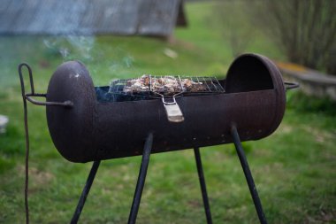 Barbekü doğada. Şaşlık doğada. Izgarada et pişirme süreci, yakın plan. Metal ızgarada et, çimlerle kaplanmış ormanda barbekü.