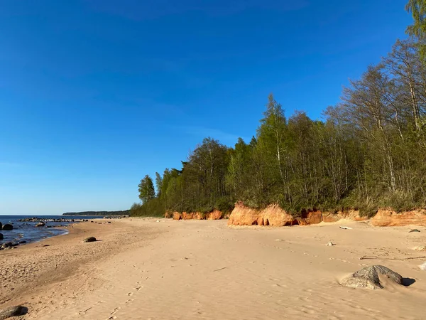海滨的夏天 沙滩上有蓝色的海浪 沙滩上有岩石和卵石 岸边有橙色的沙岩悬崖 树上长有绿叶 — 图库照片