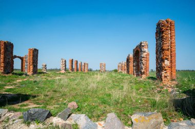 Yeşil bir mısır gevreği tarlasının ortasında yıkılmış eski bir taş ve tuğla binanın kalıntıları..