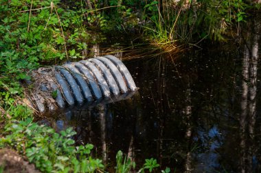 Ormandaki bir hendekte büyük bir plastik oluk borusu..