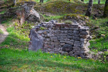 Şatonun kalıntılarındaki eski tuğla ve taşların inşaatı parkın yeşil salonunda yaz güneşiyle aydınlanır..