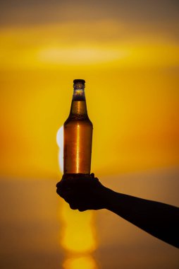 Gün batımında ellerinde bir şişe yaz dönümü temalı bira tutan kadınlar. Bira şişesi güneşten gelen altın ışık, bokeh baloncukları oluşturuyor. Sığ alan derinliği