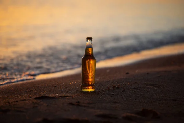 Garrafa Fria Cerveja Pôr Sol — Fotografia de Stock
