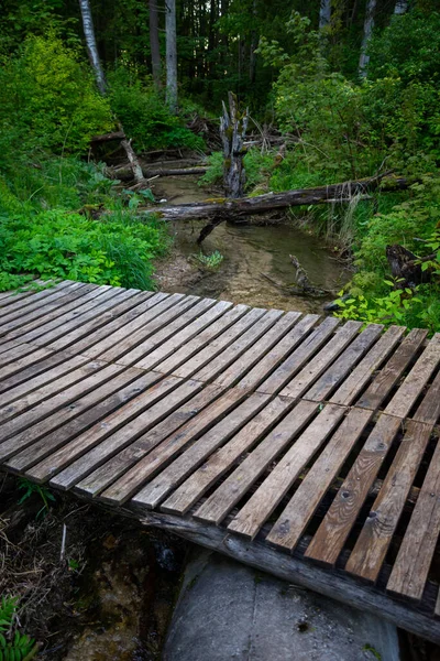 Puente Madera Sobre Río Forestal Con Agua Clara Una Ruta — Foto de Stock