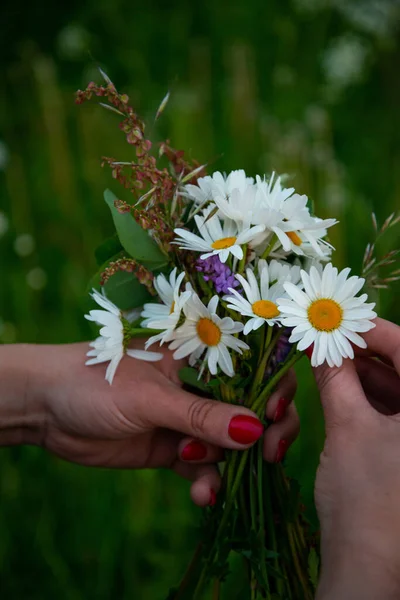 Making a Festive flower wreath, circlet of flowers, festival coronet of flowers on a bright sunny afternoon. Preparing for Midsummer night fest, or bachelorette party idea. How to Make a Flower Crown