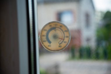 Plastik şeffaf kare termometre 36 santigrat derece olduğunu gösteriyor.