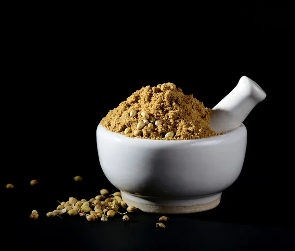 Coriander Powder Seeds Mortar Pestle Black Background — ストック写真