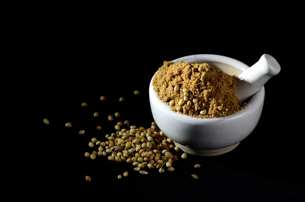 Coriander Powder Seeds Mortar Pestle Black Background — ストック写真