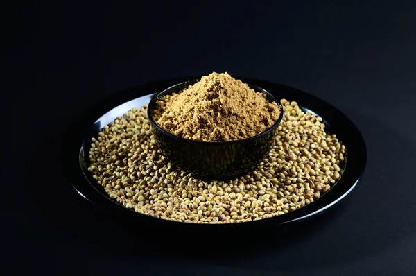Coriander Seeds Powdered Coriander Clay Pot Bowl Dark Background — Stock Photo, Image