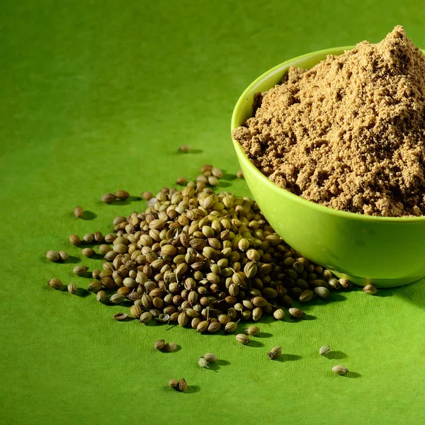 Coriander Seeds Powdered Coriander Green Container Green Background — Stock Photo, Image