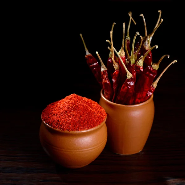 chilly powder with red chilly in clay pots