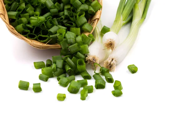 Fresh Ripe Green Spring Onions Shallots Scallions Chopped Onions Basket — Stock Photo, Image