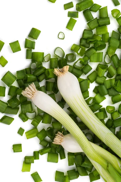 Frische Reife Grüne Frühlingszwiebeln Schalotten Oder Schalotten Mit Frisch Gehackten — Stockfoto