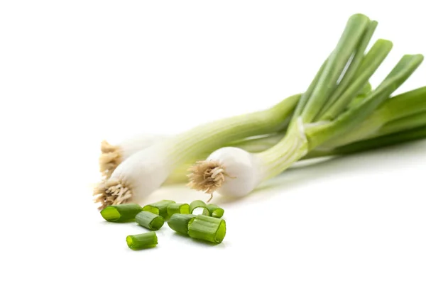 Verse Rijpe Groene Lente Uien Sjalotten Schilfers Met Verse Gehakte — Stockfoto