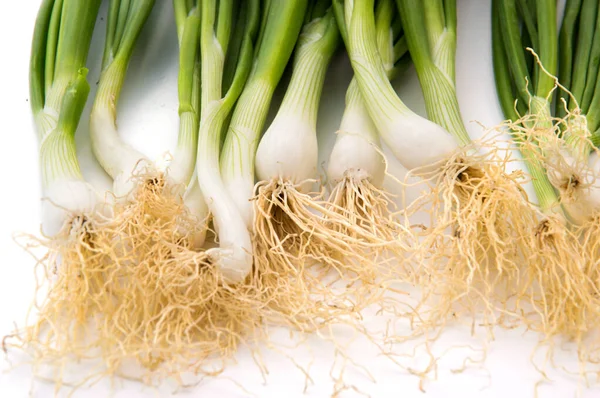 Cipolle Primaverili Verdi Mature Fresche Scalogno Scalogno Fondo Bianco — Foto Stock