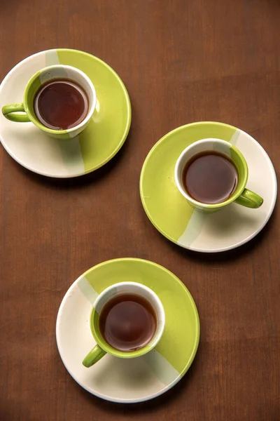 Teetassen Mit Zucker Einem Löffel Auf Einem Hölzernen Hintergrund — Stockfoto