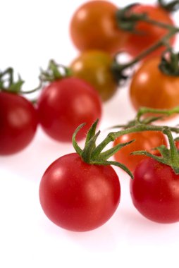 Beyaz arka planda izole edilmiş taze vişne domatesi yakın plan.