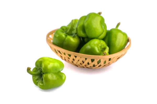 Fresh Green Bell Pepper Capsicum Bamboo Basket White Background — Stock Photo, Image