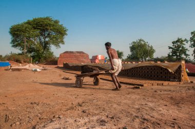 AMRAVATI, MAHARASHTRA - 24 Mayıs 2018: Fabrikada veya tarlada elle kil tuğla yapan tanımlanamayan Hintli işçiler.