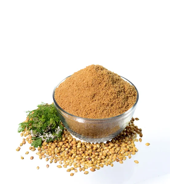 Coriander seeds, Fresh Coriander and Powdered coriander — Stock Photo, Image