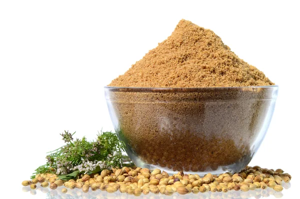 Coriander seeds, Fresh Coriander and Powdered coriander — Stock Photo, Image