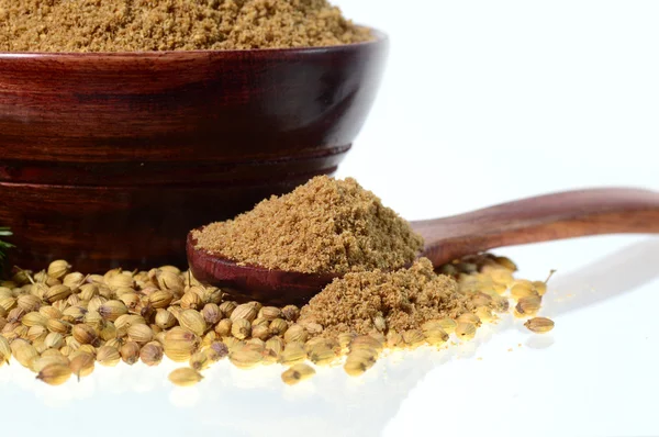 Coriander seeds, Fresh Coriander and Powdered coriander isolated on white background.