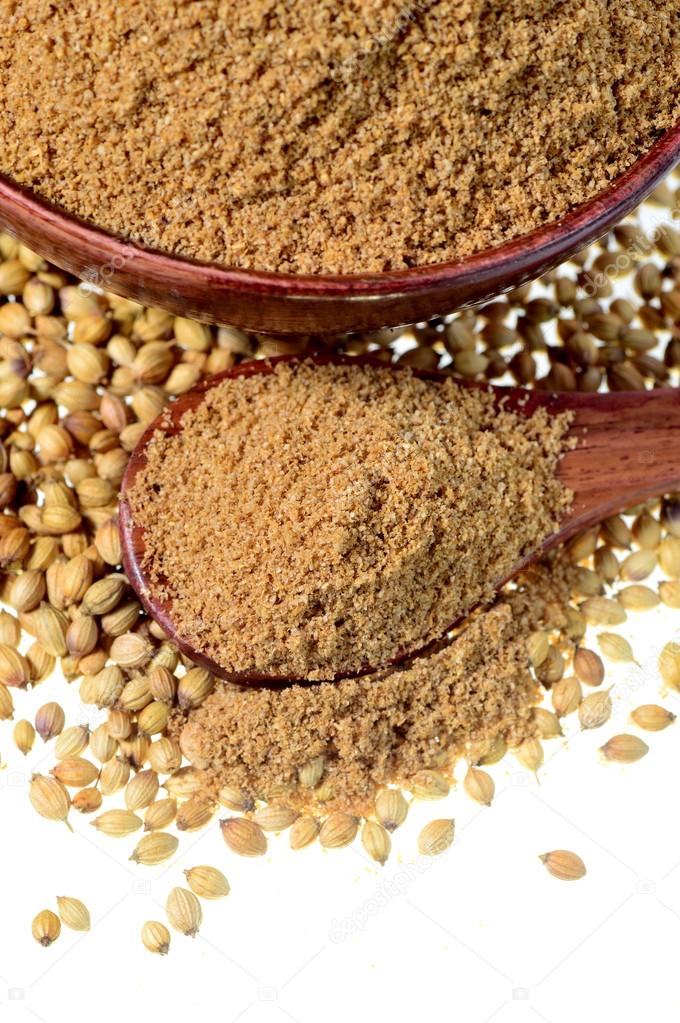 Coriander seeds, Fresh Coriander and Powdered coriander isolated on white background.